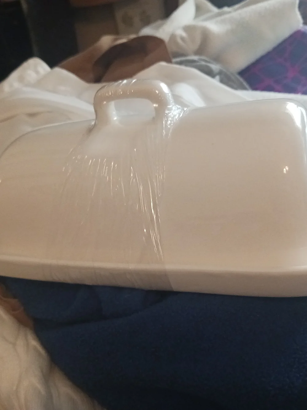White Ceramic Covered Butter Dish with Green Botanical Motif